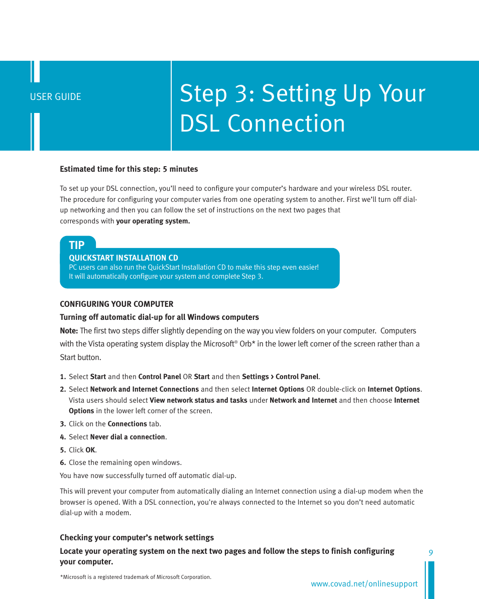 Step 3: setting up your dsl connection | Netopia Network Adapte User Manual | Page 9 / 19