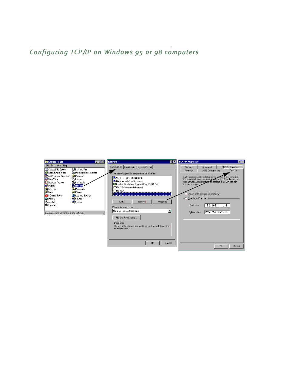 Configuring tcp/ip on windows 95 or 98 computers | Netopia D3232 IDSL User Manual | Page 28 / 138
