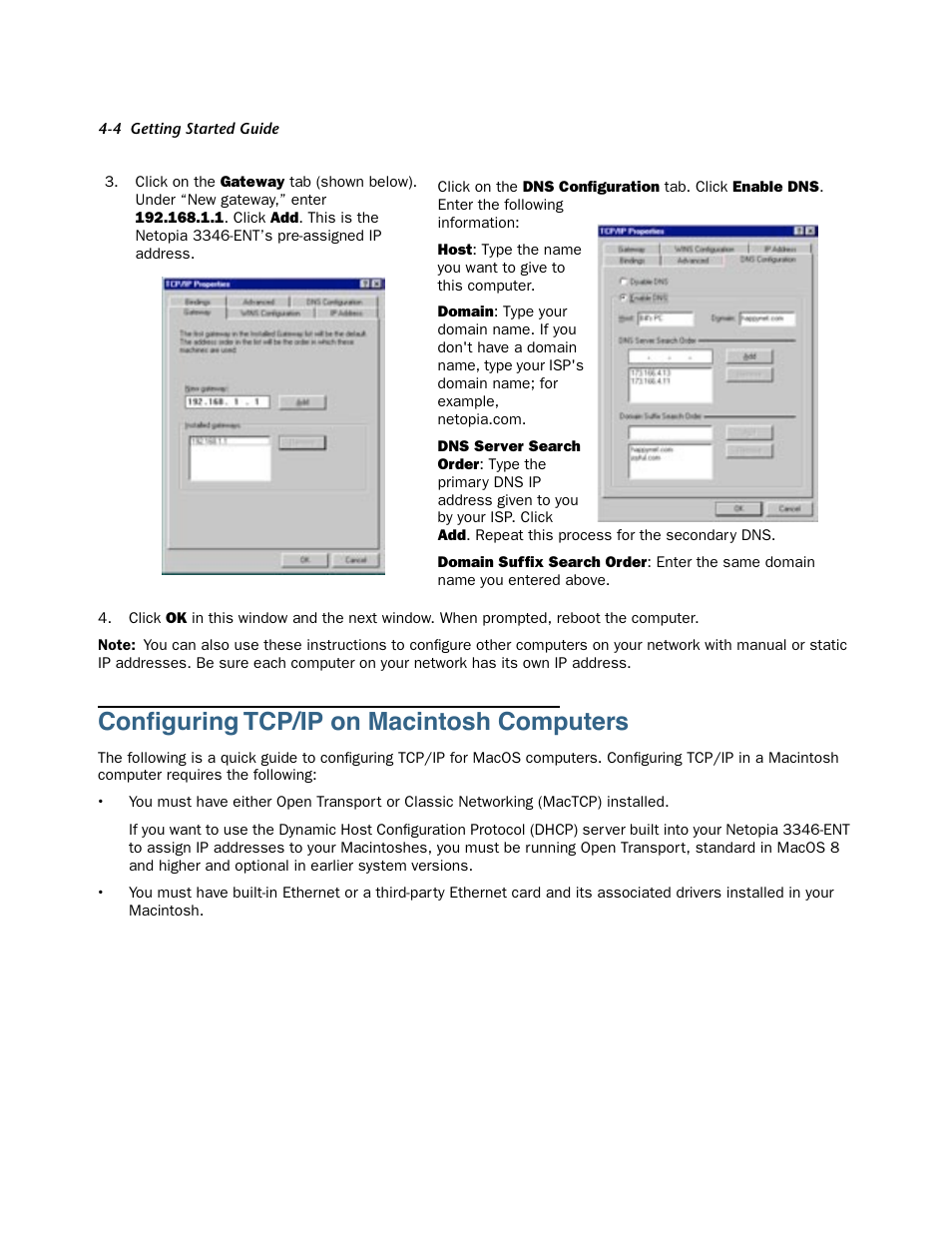 Configuring tcp/ip on macintosh computers, Configuring tcp/ip on macintosh computers -4 | Netopia 3346-ENT User Manual | Page 18 / 38