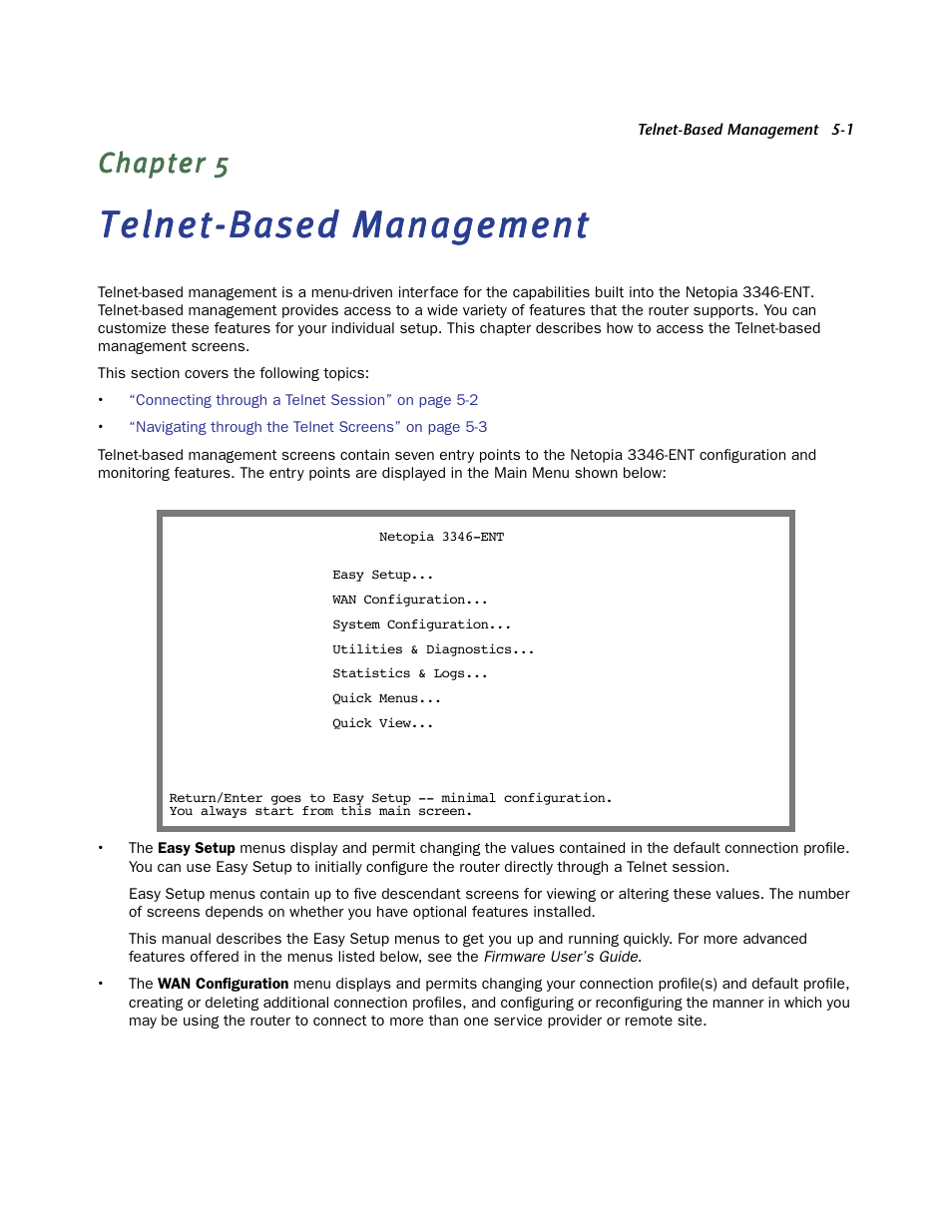 Telnet-based management, Chapter 5 — telnet-based management -1, Ements using console-based management (see | Telnet-based | Netopia 3346-ENT User Manual | Page 21 / 38