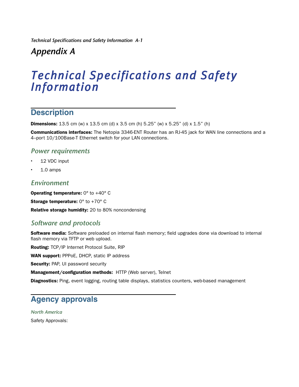 Technical specifications and safety information, Description, Power requirements | Environment, Software and protocols, Agency approvals, Appendix a | Netopia 3346-ENT User Manual | Page 33 / 38