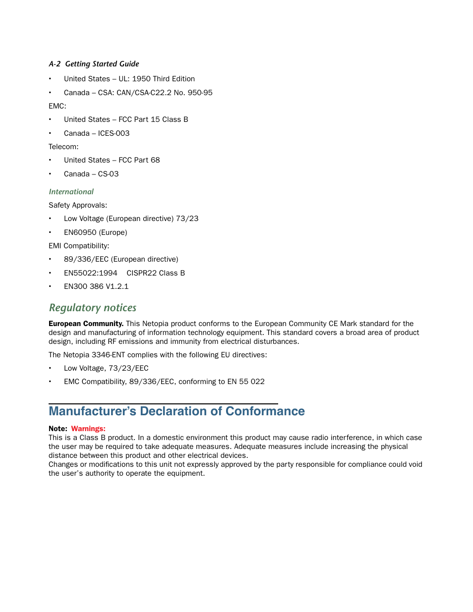 Regulatory notices, Manufacturer’s declaration of conformance | Netopia 3346-ENT User Manual | Page 34 / 38