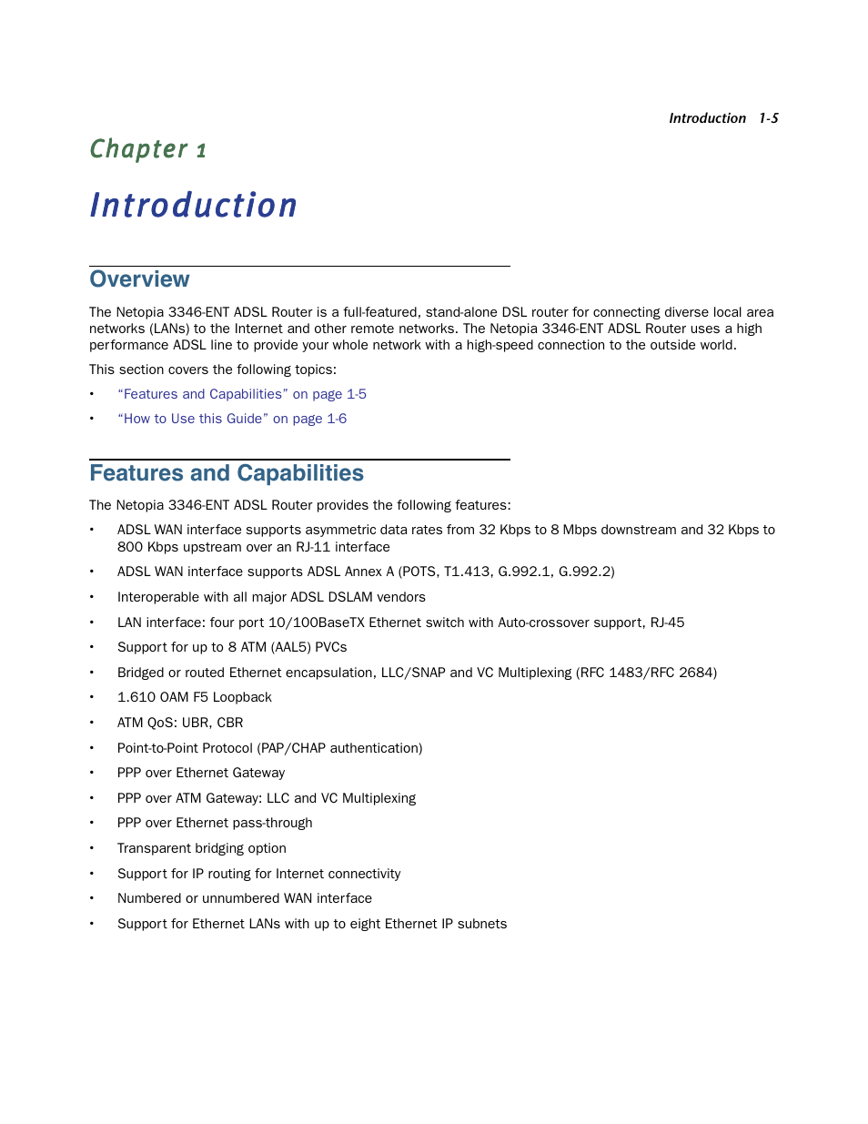 Introduction, Overview, Features and capabilities | Chapter 1 — introduction -5, Overview -5 features and capabilities -5 | Netopia 3346-ENT User Manual | Page 5 / 38