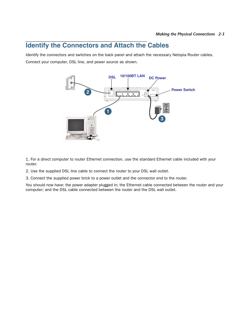 Identify the connectors and attach the cables, Identify the connectors and attach the cables -3 | Netopia 3346-ENT User Manual | Page 9 / 38