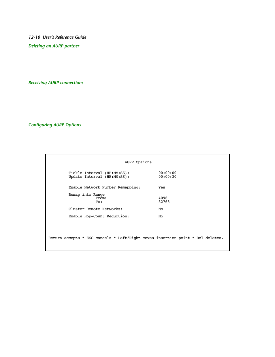 Deleting an aurp partner, Receiving aurp connections, Configuring aurp options | Netopia R2121 User Manual | Page 144 / 280