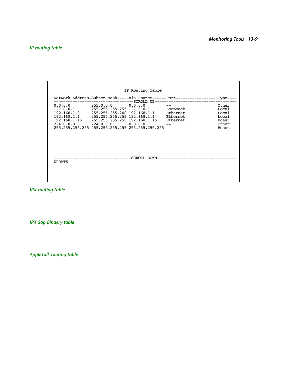 Ip routing table, Ipx routing table, Ipx sap bindery table | Appletalk routing table | Netopia R2121 User Manual | Page 155 / 280