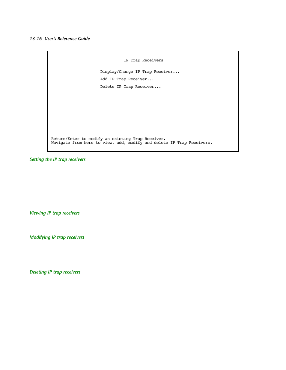 Setting the ip trap receivers, Viewing ip trap receivers, Modifying ip trap receivers | Deleting ip trap receivers | Netopia R2121 User Manual | Page 162 / 280