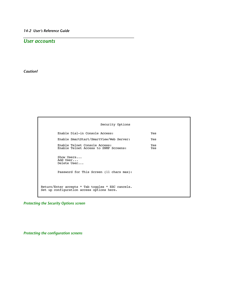 User accounts, Protecting the security options screen, Protecting the configuration screens | User accounts -2, Shows you how to set up name/passwor | Netopia R2121 User Manual | Page 164 / 280