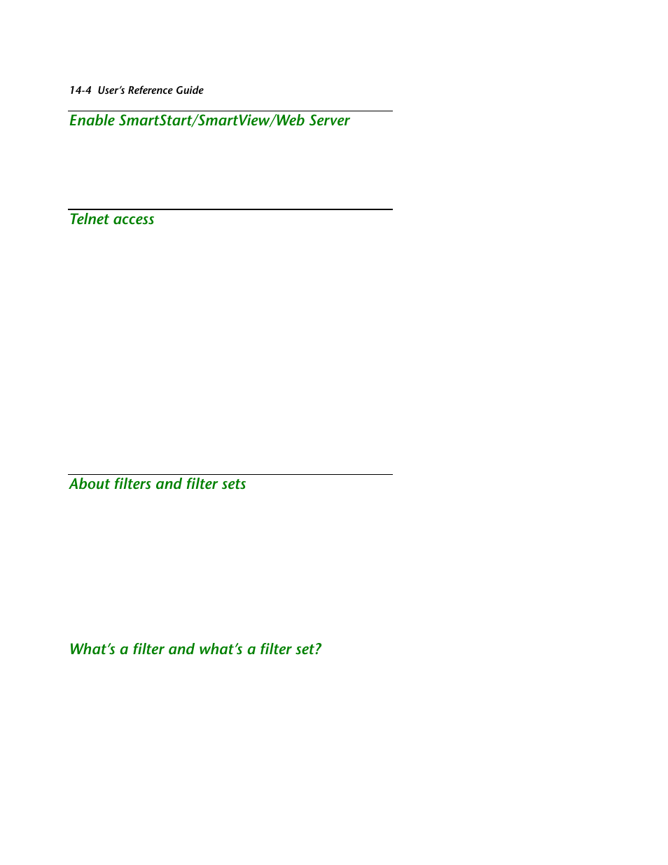 Enable smartstart/smartview/web server, Telnet access, About filters and filter sets | What’s a filter and what’s a filter set, Enable smar tstar t/smar tview/web ser ver -4, Telnet access -4, About filters and filter sets -4, What’s a filter and what’s a filter set? -4 | Netopia R2121 User Manual | Page 166 / 280