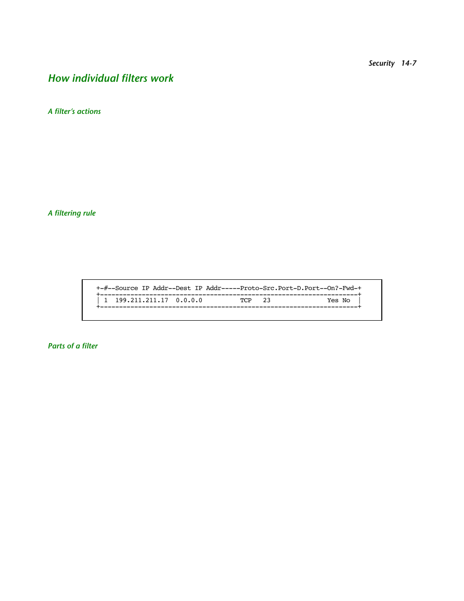 How individual filters work, A filter’s actions, A filtering rule | Parts of a filter, How individual filters work -7 | Netopia R2121 User Manual | Page 169 / 280