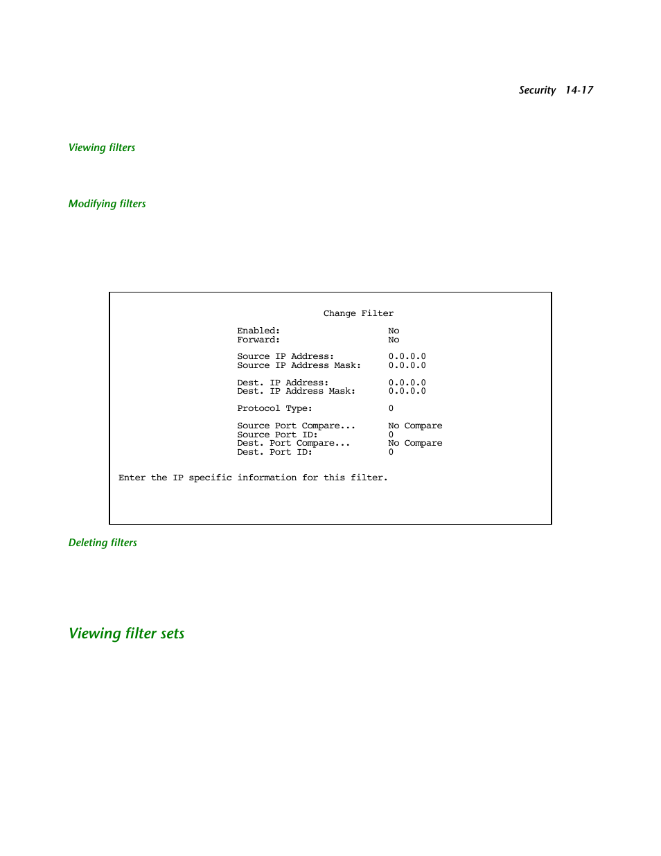 Viewing filters, Modifying filters, Deleting filters | Viewing filter sets, Viewing filter sets -17 | Netopia R2121 User Manual | Page 179 / 280