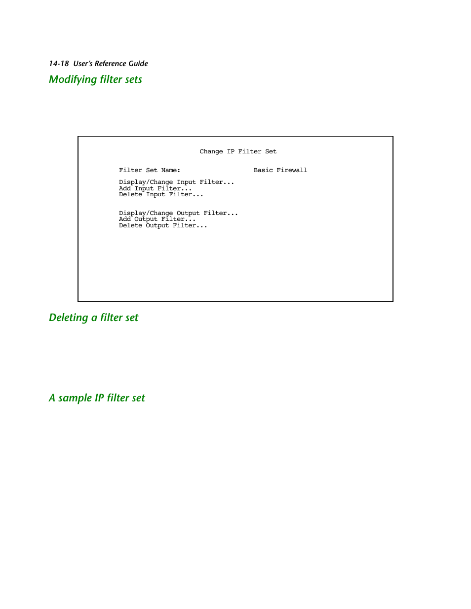 Modifying filter sets, Deleting a filter set, A sample ip filter set | Modifying filter sets -18, Deleting a filter set -18 | Netopia R2121 User Manual | Page 180 / 280