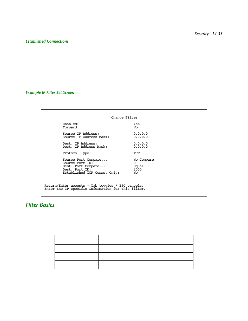 Established connections, Example ip filter set screen, Filter basics | Filter basics -33 | Netopia R2121 User Manual | Page 195 / 280