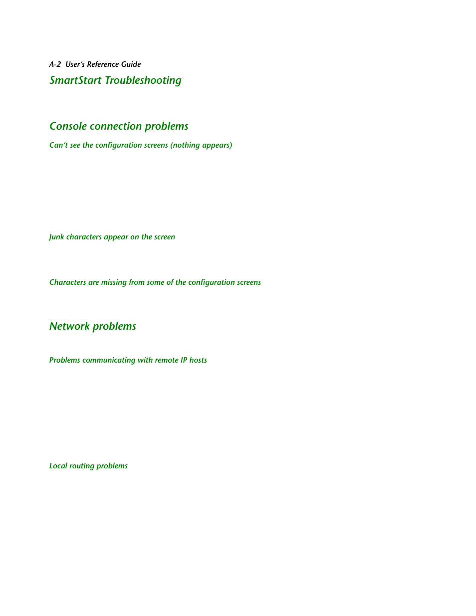 Smartstart troubleshooting, Console connection problems, Junk characters appear on the screen | Network problems, Problems communicating with remote ip hosts, Local routing problems | Netopia R2121 User Manual | Page 222 / 280