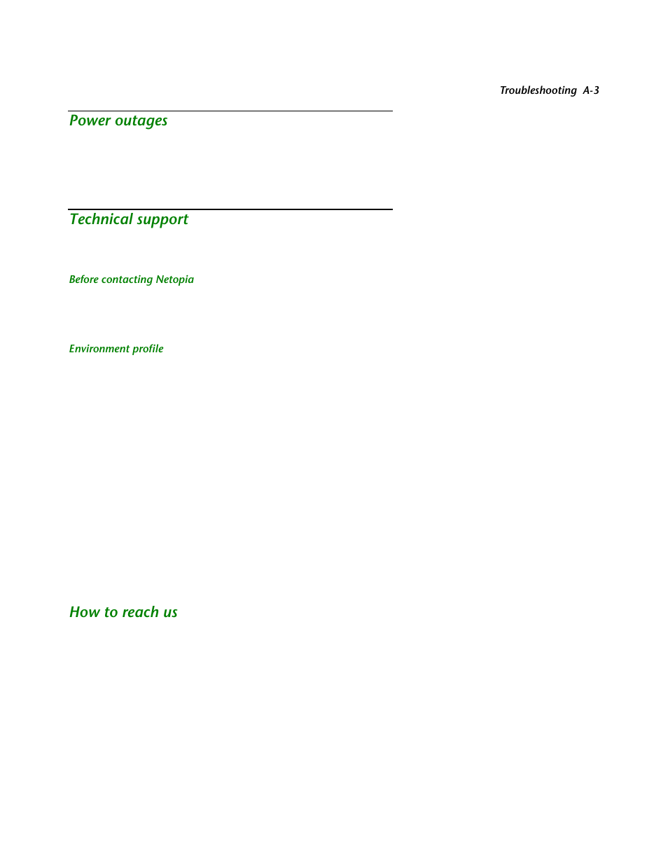 Power outages, Technical support, Before contacting netopia | Environment profile, How to reach us | Netopia R2121 User Manual | Page 223 / 280