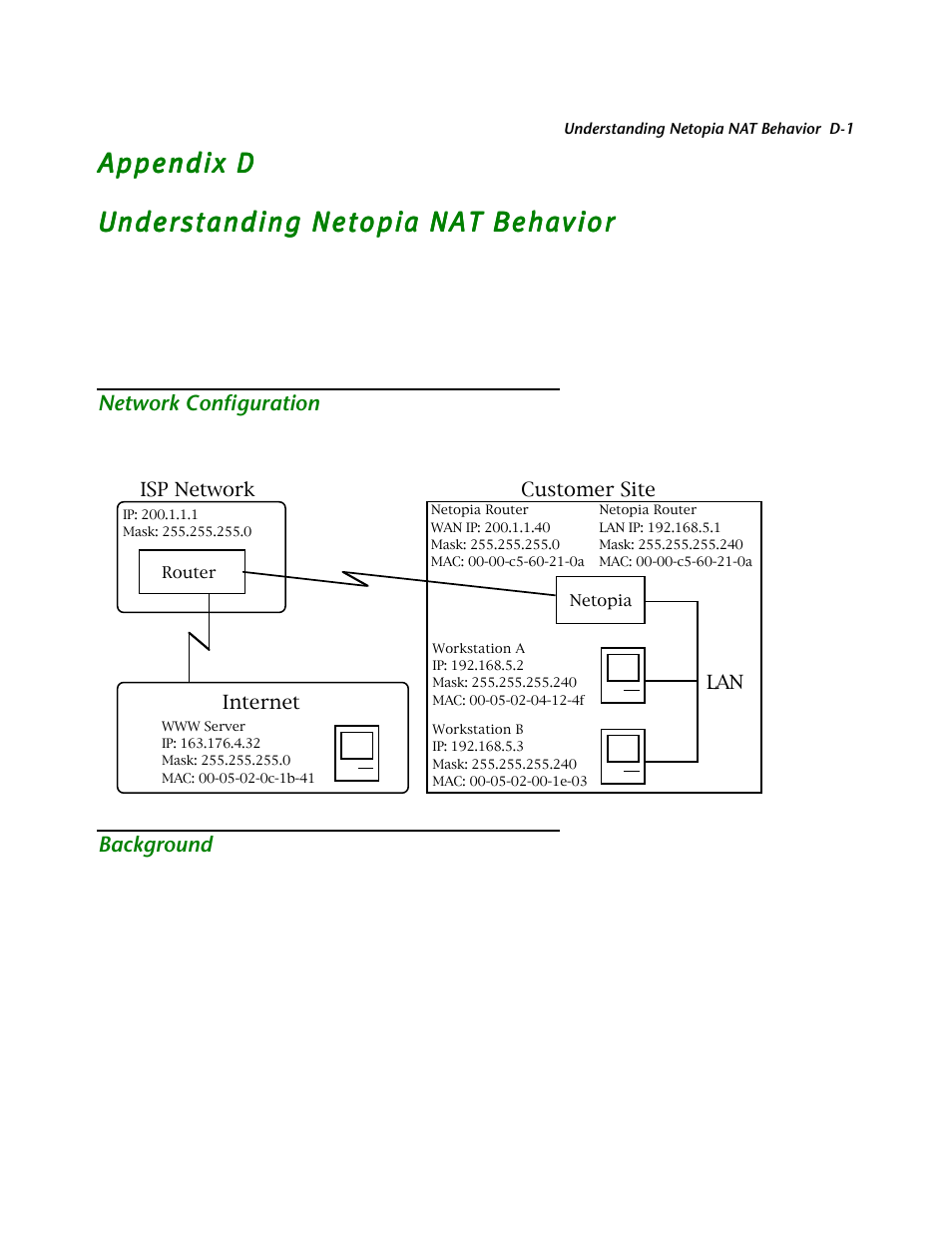 Understanding netopia nat behavior, Network configuration, Background | Appendix d, “understanding netopia nat behavior, This chapter describes | Netopia R2121 User Manual | Page 243 / 280