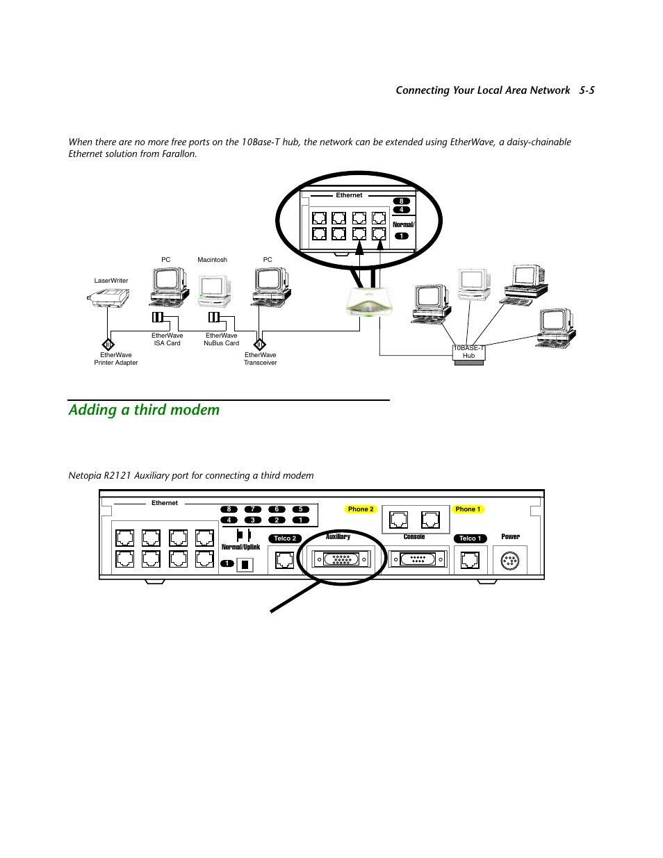 Adding a third modem, Adding a third modem -5, Uctions on this option, see | Adding a third modem” on, Below, Connecting your local area network 5-5, Auxiliar y connection por t hd-15 (female) | Netopia R2121 User Manual | Page 57 / 280