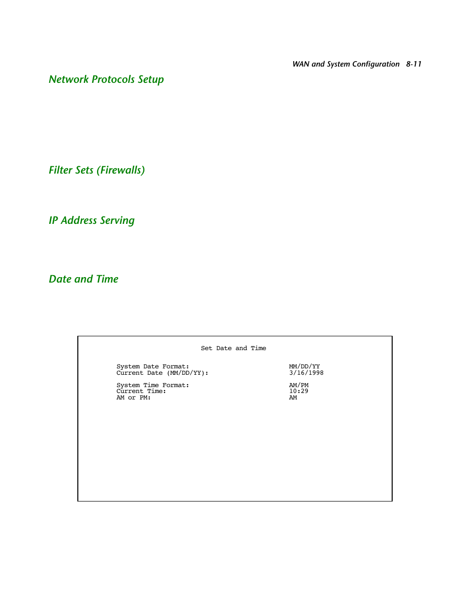 Network protocols setup, Filter sets (firewalls), Ip address serving | Date and time, Network protocols setup -11, Filter sets (firewalls) -11, Ip address ser ving -11, Date and time -11, Date and time. see | Netopia R2121 User Manual | Page 83 / 280