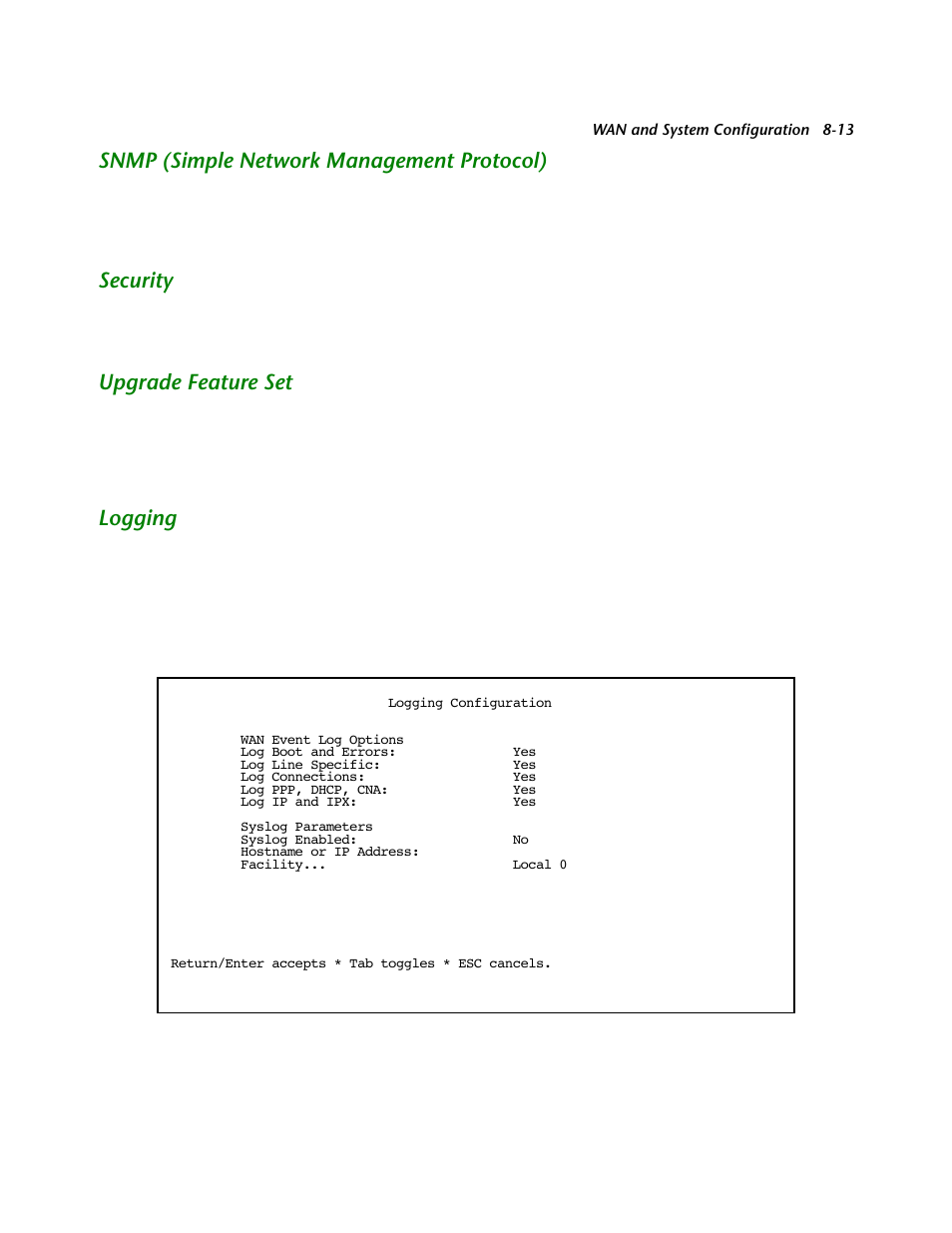 Snmp (simple network management protocol), Security, Upgrade feature set | Logging, Snmp (simple network management protocol) -13, Security -13, Upgrade feature set -13, Logging -13, E set. see | Netopia R2121 User Manual | Page 85 / 280