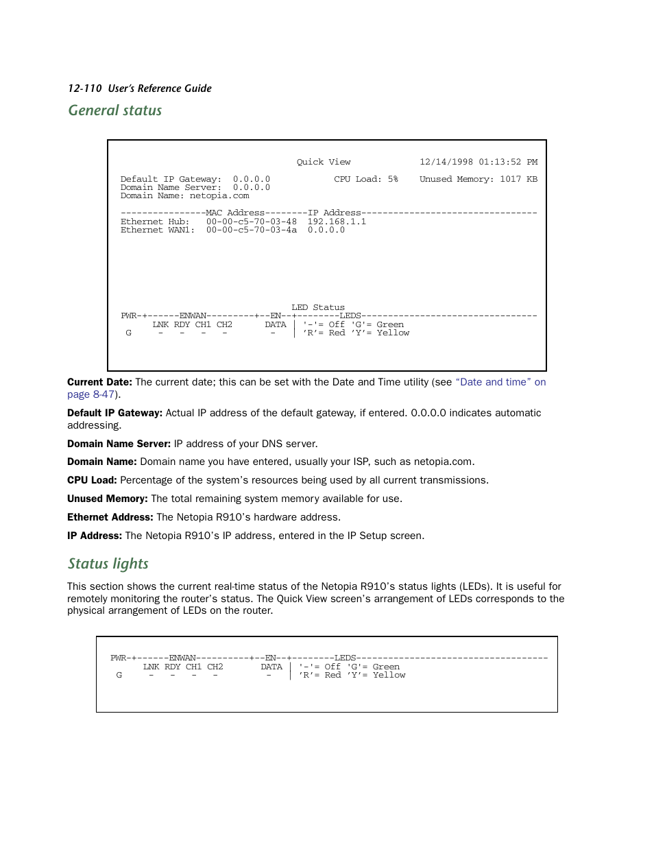 General status, Status lights | Netopia R910 User Manual | Page 110 / 209