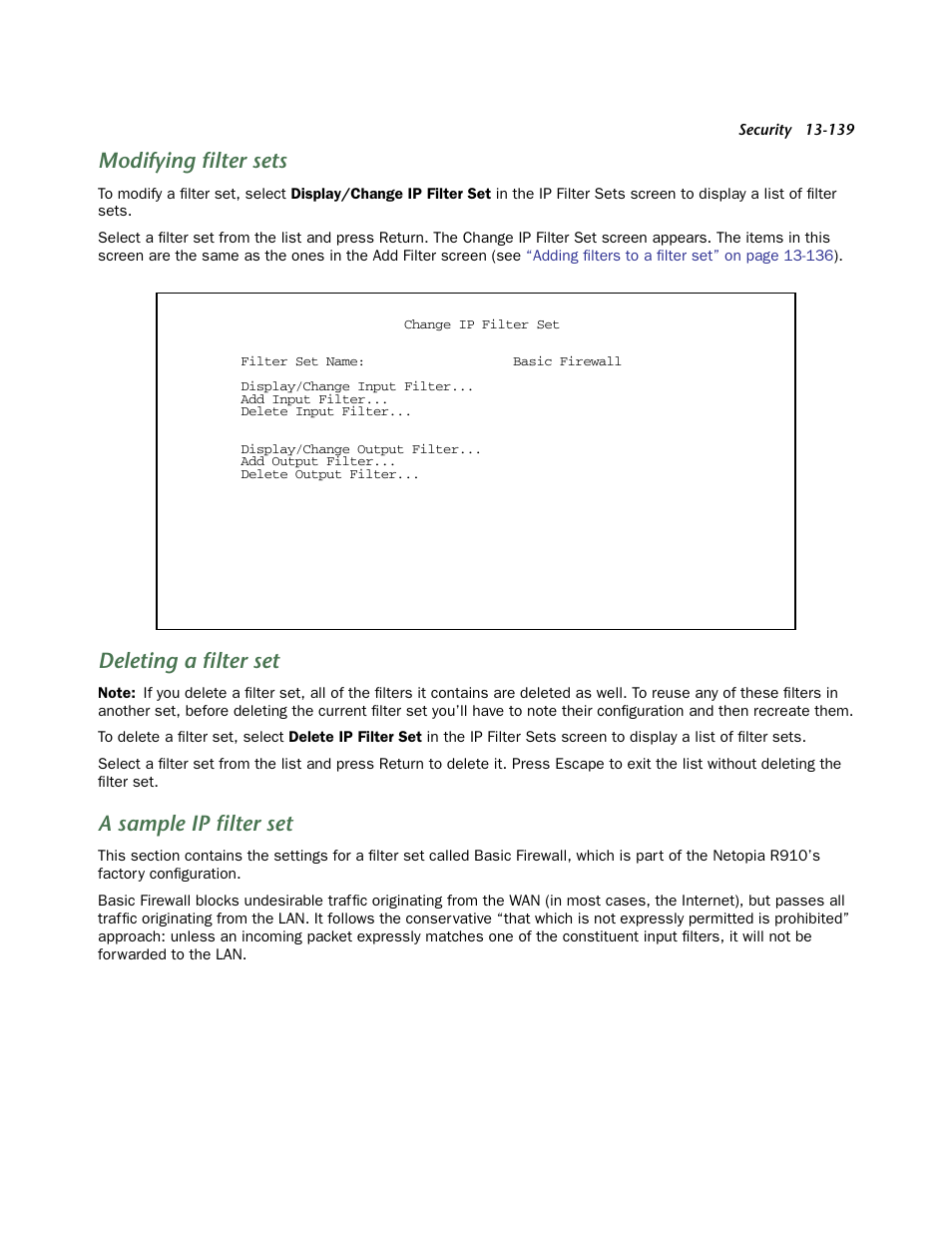 Modifying filter sets, Deleting a filter set, A sample ip filter set | N to it later to add filters (see | Netopia R910 User Manual | Page 139 / 209