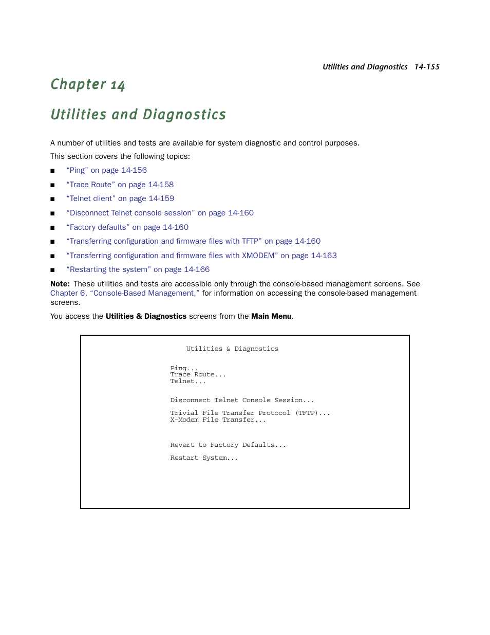Utilities and diagnostics, Ebooting the system. see, Chapter 14, “utilities | And diagnostics, For detailed infor | Netopia R910 User Manual | Page 155 / 209