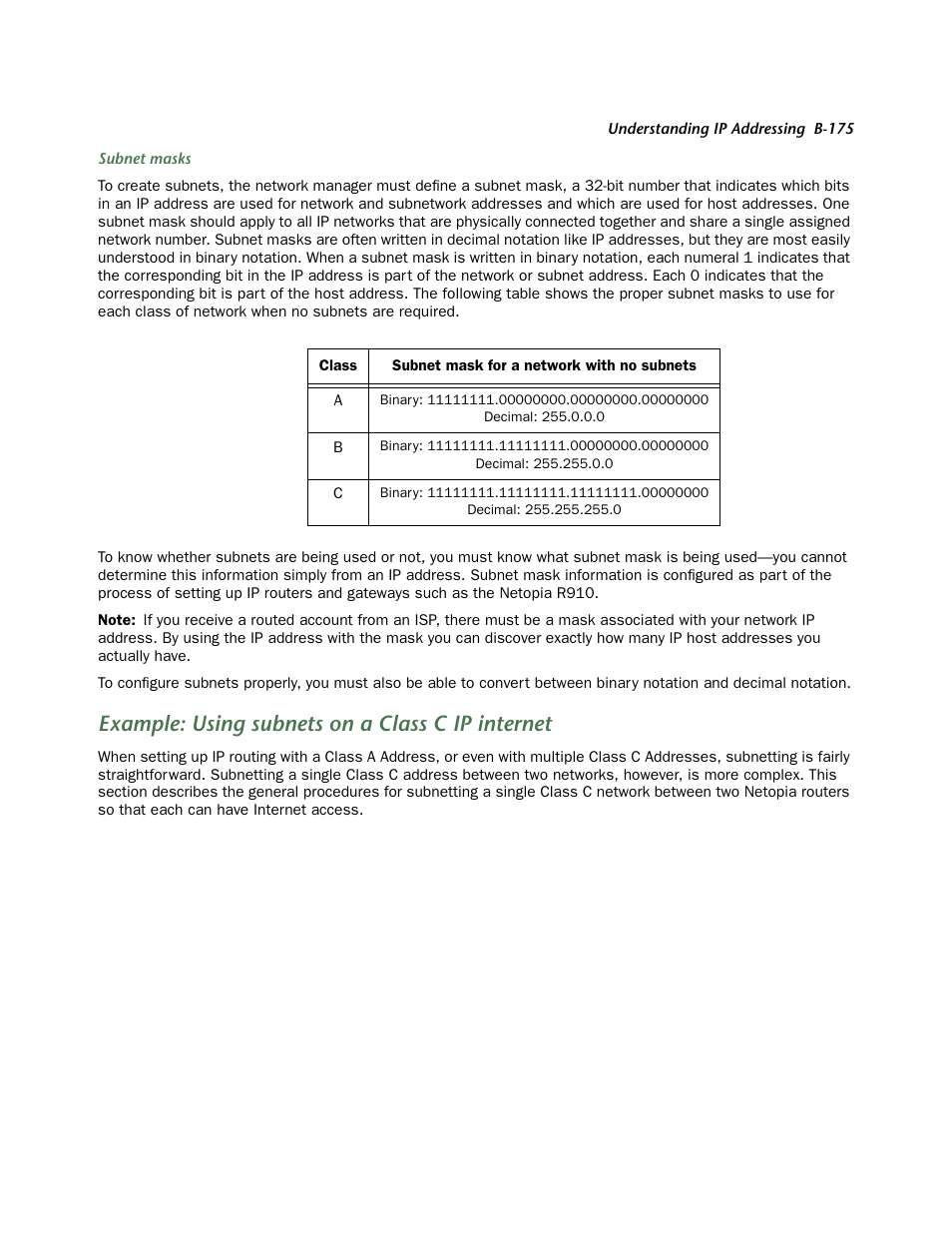 Example: using subnets on a class c ip internet, Example: using subnets on a class c | Netopia R910 User Manual | Page 175 / 209