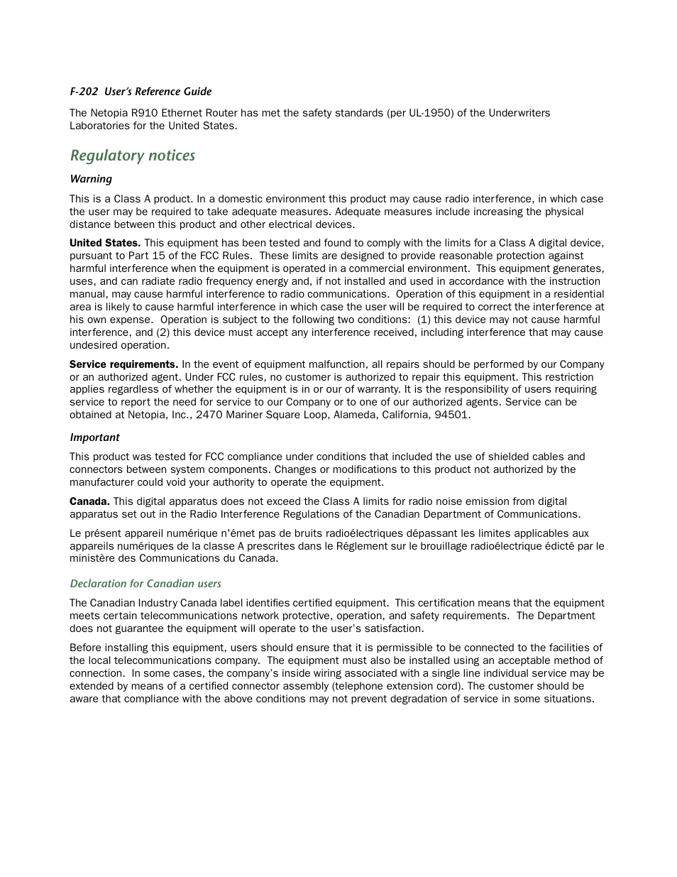 Regulatory notices, Regulator y notices | Netopia R910 User Manual | Page 202 / 209