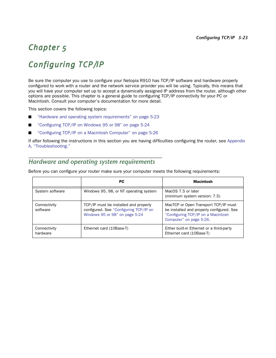 Configuring tcp/ip, Hardware and operating system requirements | Netopia R910 User Manual | Page 23 / 209