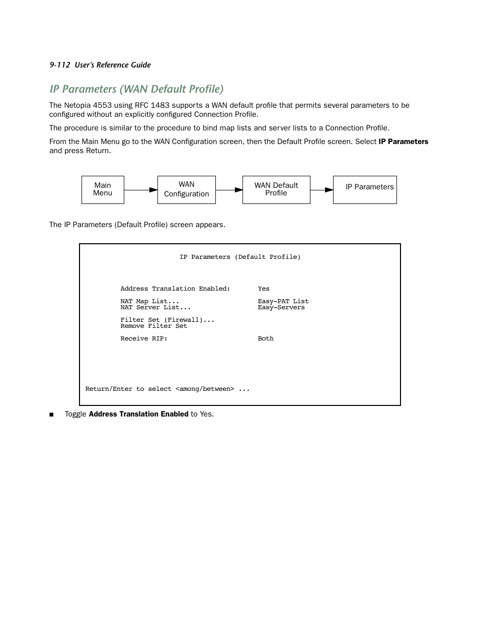 Ip parameters (wan default profile), Een (see, Of the default pr | Netopia 4553 User Manual | Page 112 / 218