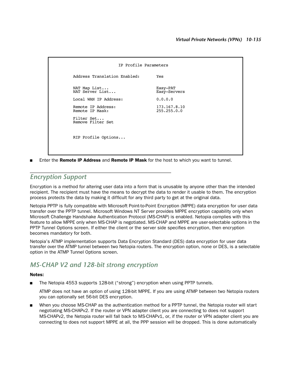 Encryption support, Ms-chap v2 and 128-bit strong encryption | Netopia 4553 User Manual | Page 135 / 218