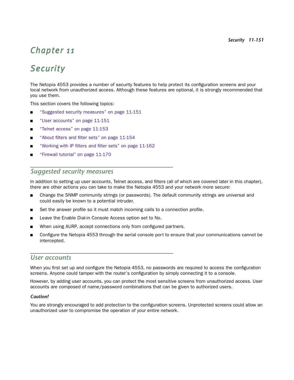 Suggested security measures, User accounts, E available. see | Chapter 11, Security | Netopia 4553 User Manual | Page 151 / 218