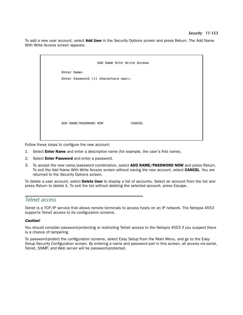 Telnet access | Netopia 4553 User Manual | Page 153 / 218