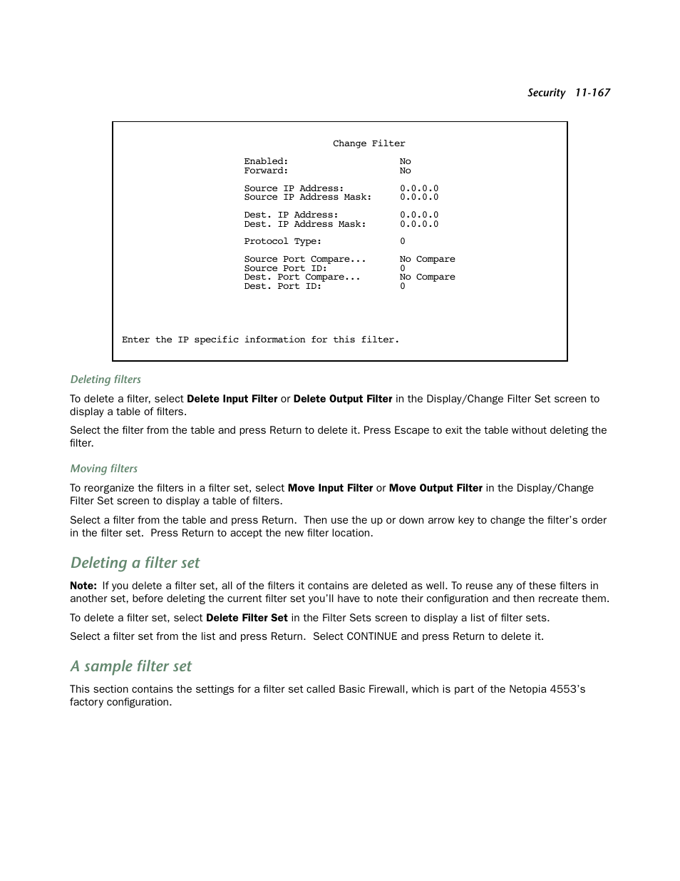 Deleting a filter set, A sample filter set | Netopia 4553 User Manual | Page 167 / 218