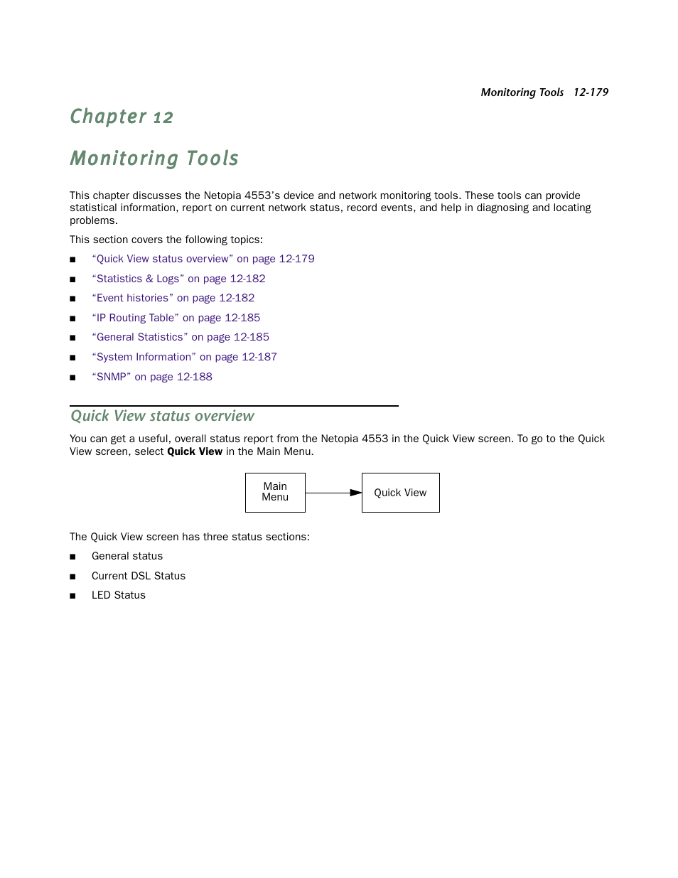 Quick view status overview, For detailed infor | Netopia 4553 User Manual | Page 179 / 218