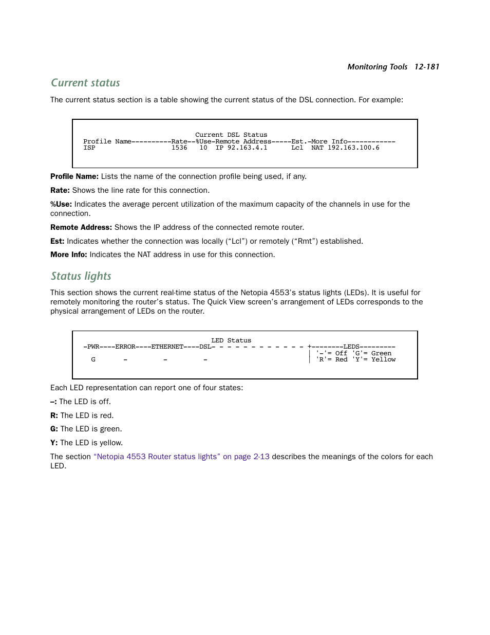 Current status, Status lights | Netopia 4553 User Manual | Page 181 / 218