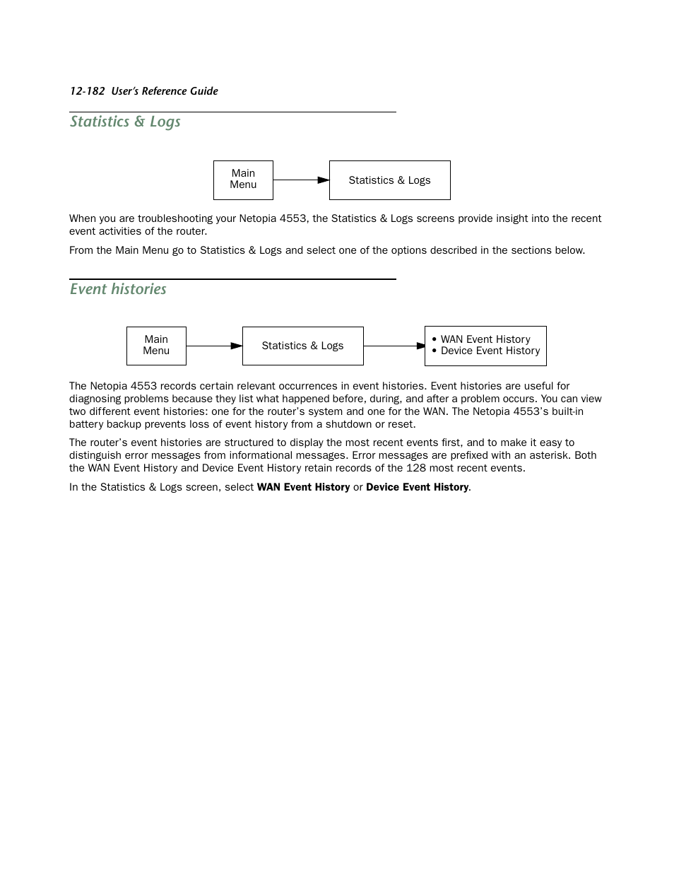 Statistics & logs, Event histories, For detailed infor | Netopia 4553 User Manual | Page 182 / 218