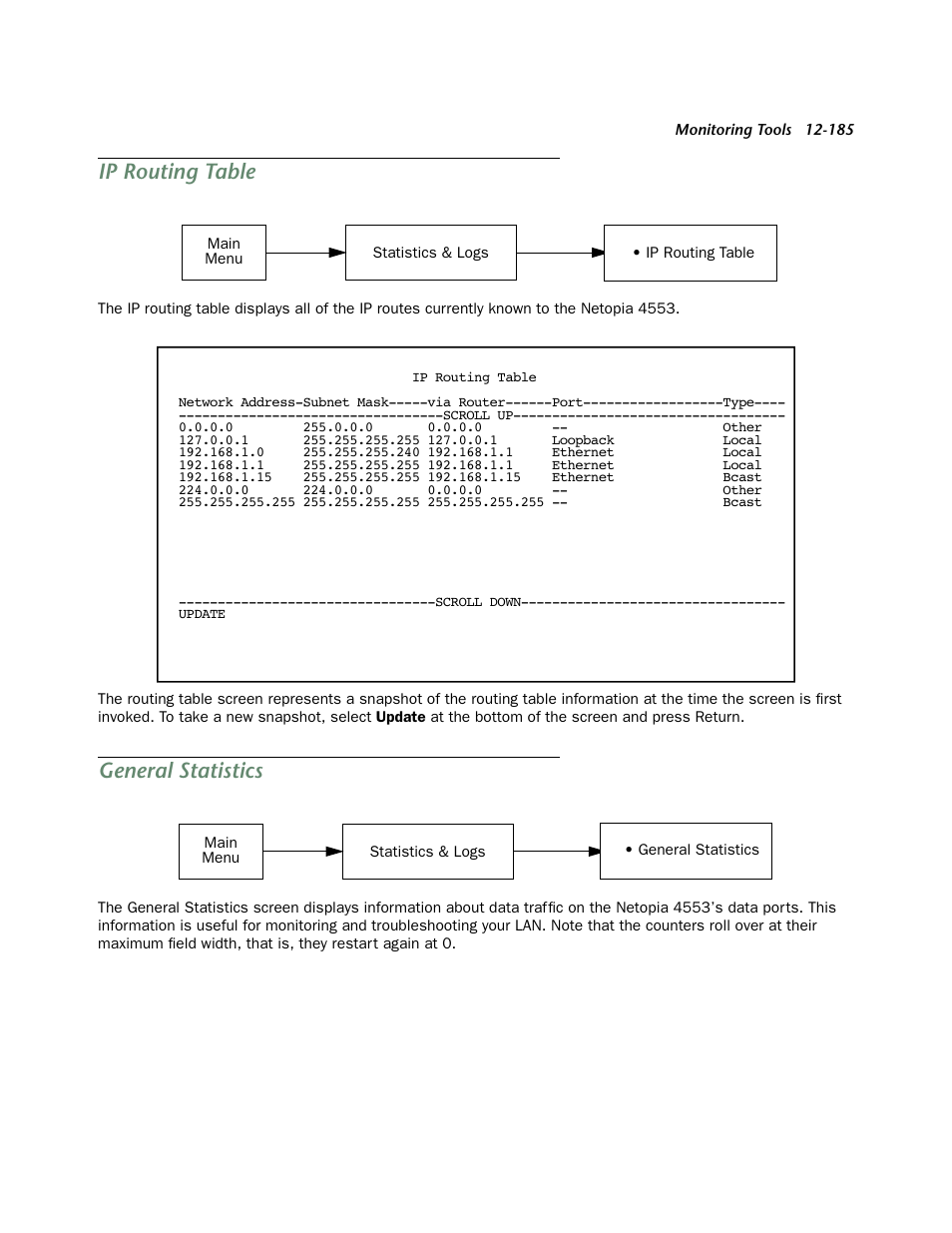 Ip routing table, General statistics | Netopia 4553 User Manual | Page 185 / 218