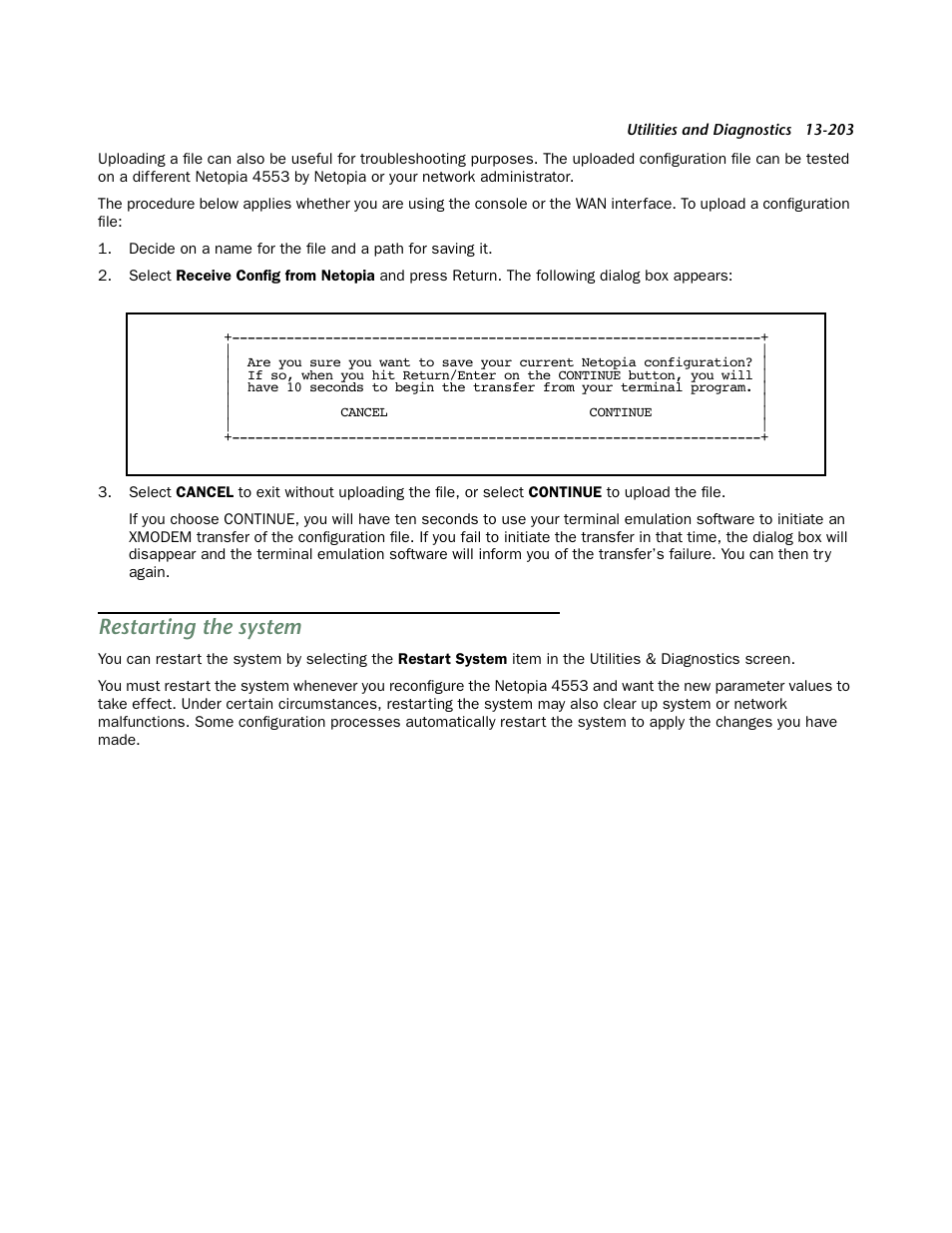 Restarting the system, T system utility (see, Restar ting the | Netopia 4553 User Manual | Page 203 / 218