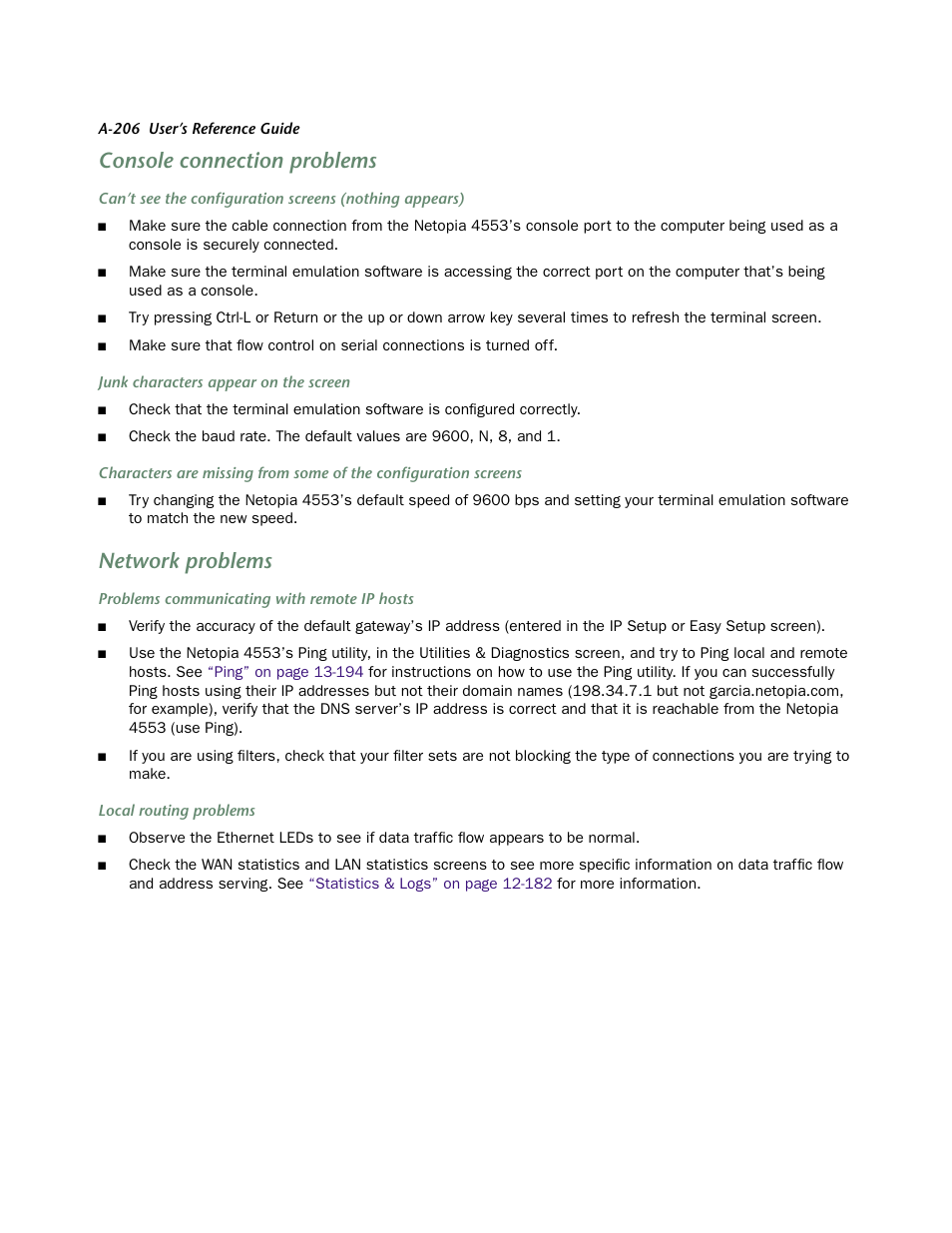 Console connection problems, Network problems | Netopia 4553 User Manual | Page 206 / 218