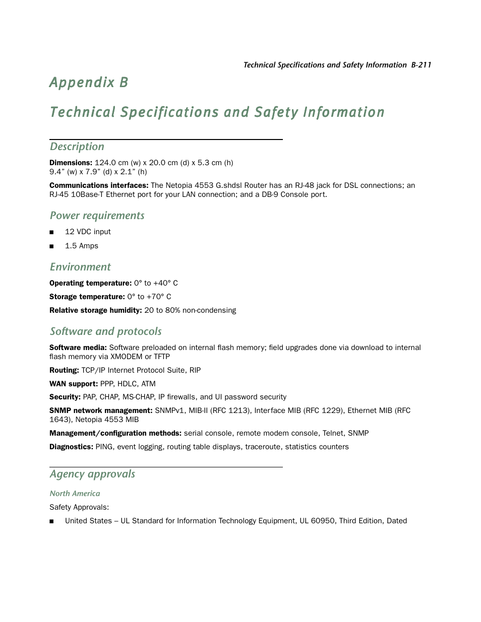 Description, Power requirements, Environment | Software and protocols, Agency approvals | Netopia 4553 User Manual | Page 211 / 218
