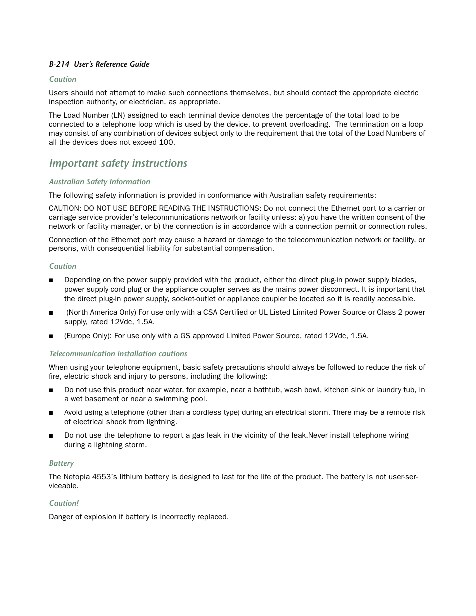 Important safety instructions | Netopia 4553 User Manual | Page 214 / 218