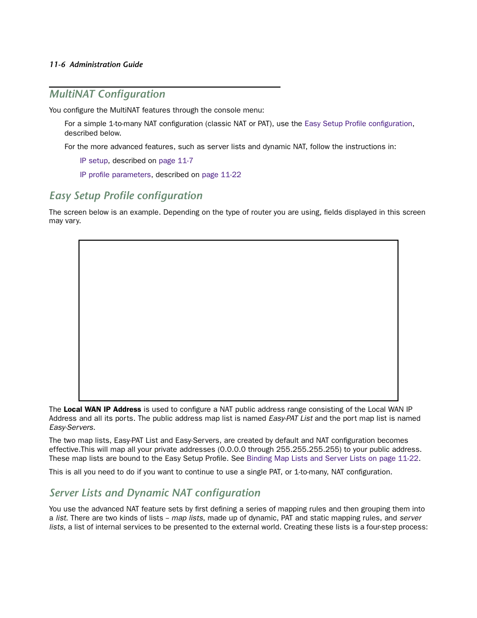Multinat configuration, Easy setup profile configuration, Server lists and dynamic nat configuration | Multinat configuration -6, Easy setup profile configuration -6, Ser ver lists and dynamic nat configuration -6, Connecting using dial-up networking -20 | Netopia 4752 User Manual | Page 116 / 284