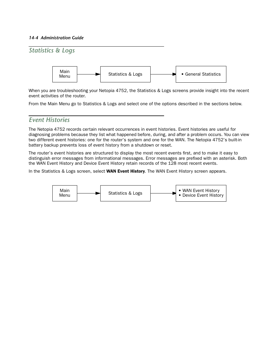 Statistics & logs, Event histories, Statistics & logs -4 | Event histories -4, For detailed infor | Netopia 4752 User Manual | Page 210 / 284