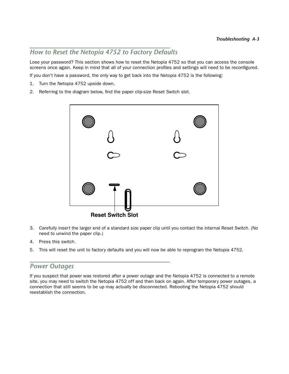 How to reset the netopia 4752 to factory defaults, Power outages | Netopia 4752 User Manual | Page 239 / 284