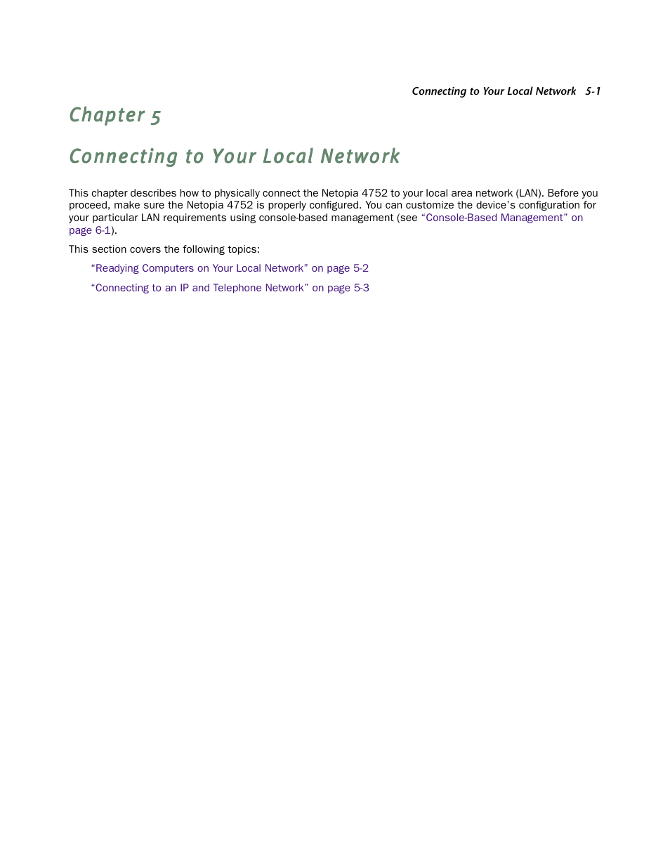 Connecting to your local network, Chapter 5 — connecting to your local network -1 | Netopia 4752 User Manual | Page 31 / 284