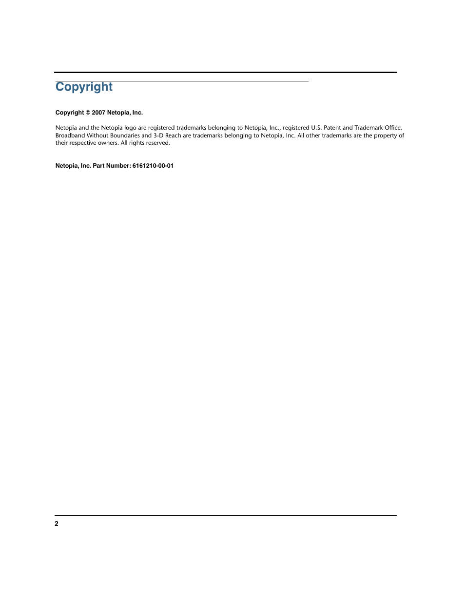 Copyright | Netopia 6161210-00-01 User Manual | Page 2 / 64