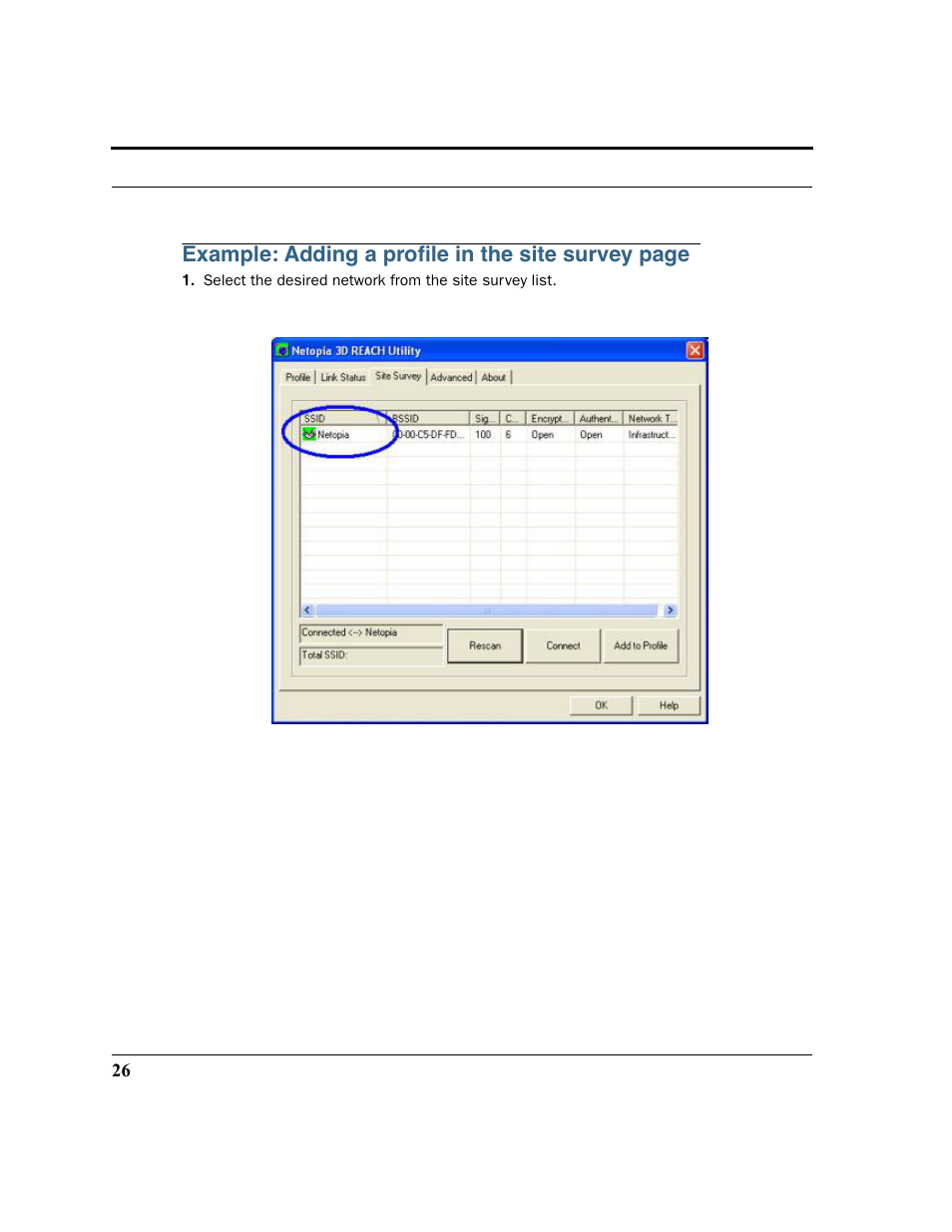 Example: adding a proﬁle in the site survey page | Netopia 6161210-00-01 User Manual | Page 28 / 64