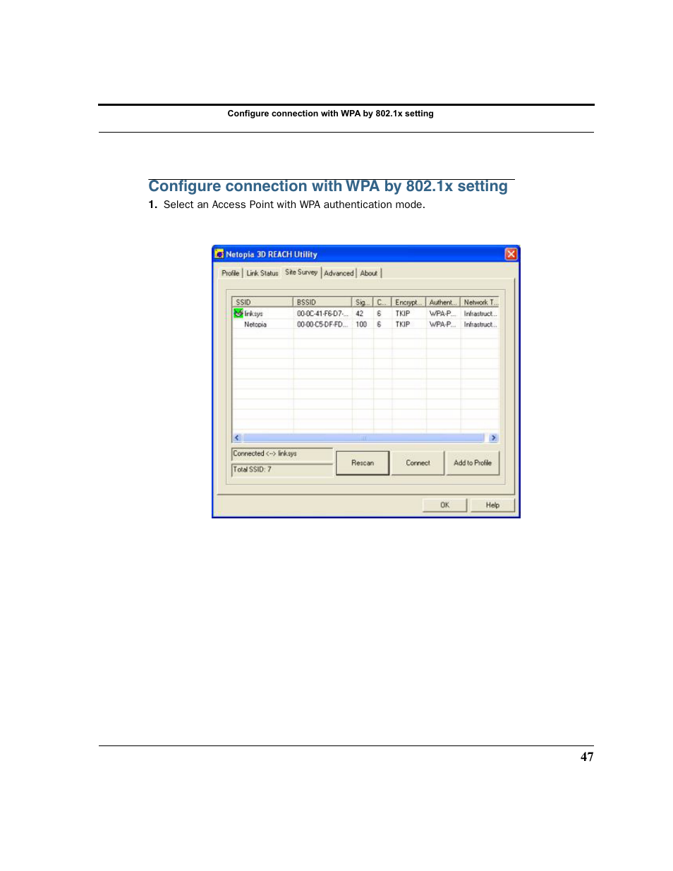Configure connection with wpa by 802.1x setting, Or the section, Configure | Conﬁgure connection with wpa by 802.1x setting | Netopia 6161210-00-01 User Manual | Page 49 / 64