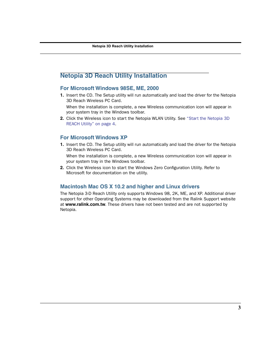 Netopia 3d reach utility installation, For microsoft windows 98se, me, 2000, For microsoft windows xp | Netopia 6161210-00-01 User Manual | Page 5 / 64
